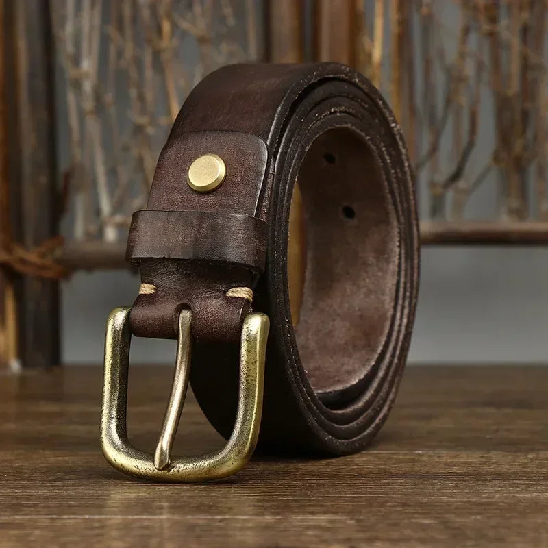 Cinturón de cuero genuino de 3.3 cm para hombre, correa de lujo, moda masculina, piel de vaca pura, hebilla de cobre, estilo retro clásico, hebilla de espiga, alta calidad