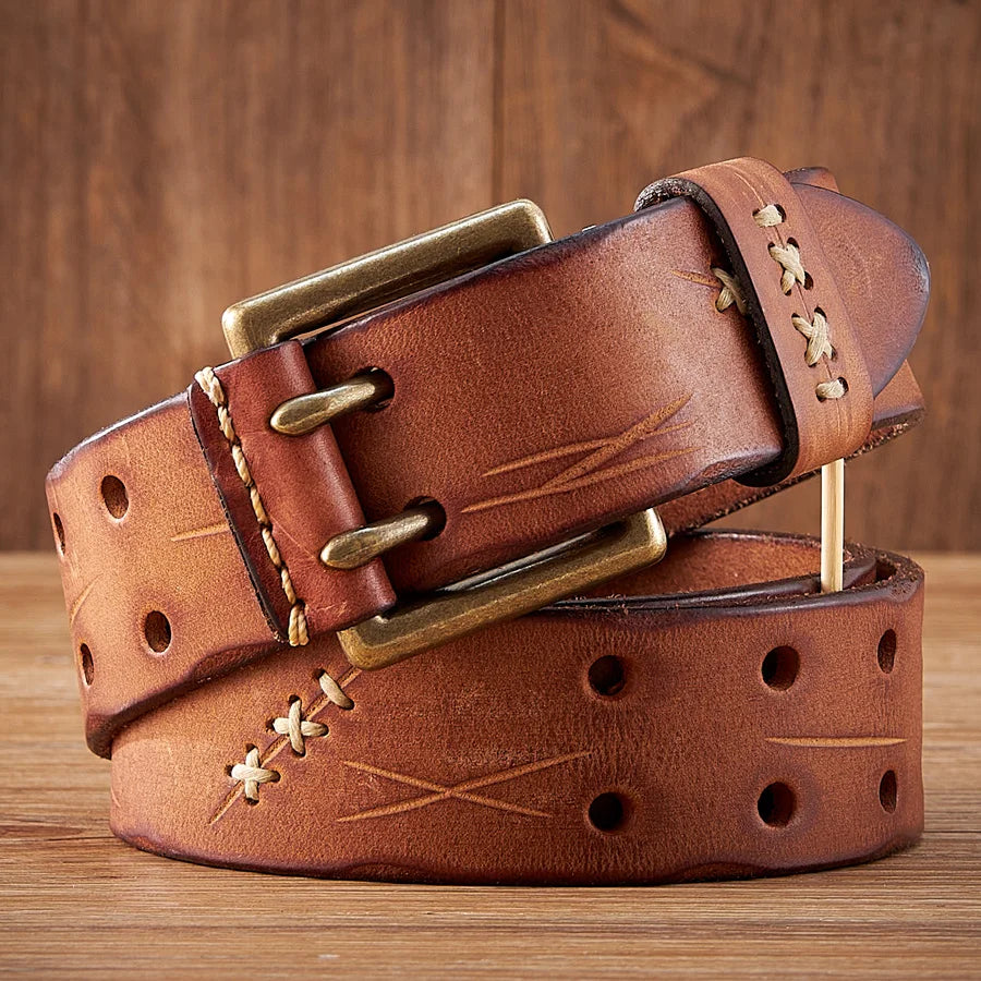 Cinturón táctico militar de cuero genuino original de 3.8 cm con hebilla de doble aguja, cinturón para hombre, estilo desgastado envejecido, cinturón para vaqueros estilo masculino