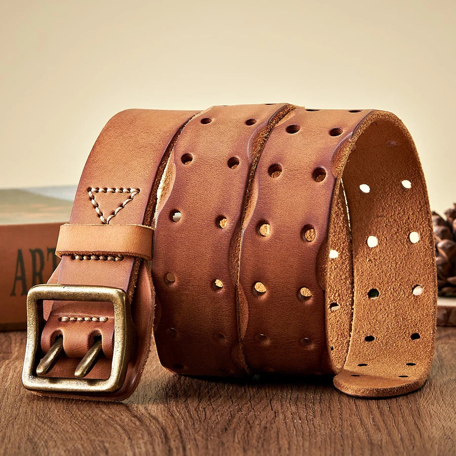 Thick Original Leather Belt Vintage Men Wide Belt Male Cowhide Real Genuine Leather Double Prong Buckle Strap Cowboy Jeans Belt