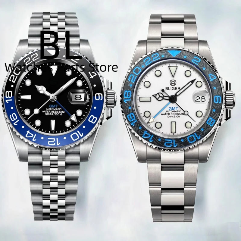 BLIGER 40mm Customizable Logo Blue GMT Watch for Men Black White Dial Green Luminous Sapphire Glass Waterproof Reloj Hombre Date