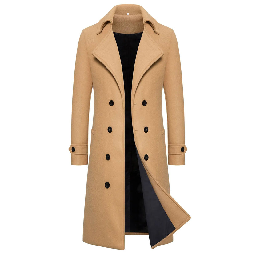 Abrigos largos de lana para hombre, moda de primavera, gabardinas cruzadas, rompevientos de otoño con cuello vuelto, ajuste entallado, ropa de abrigo masculina