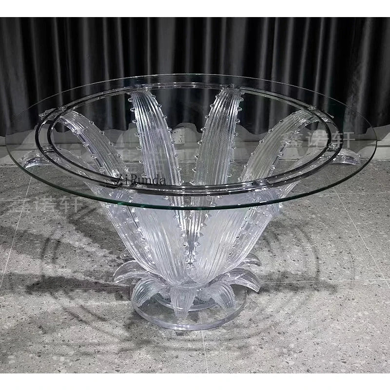 Mesa de comedor de resina transparente de alta calidad, mesa de centro tipo pétalo, mesa redonda de cristal