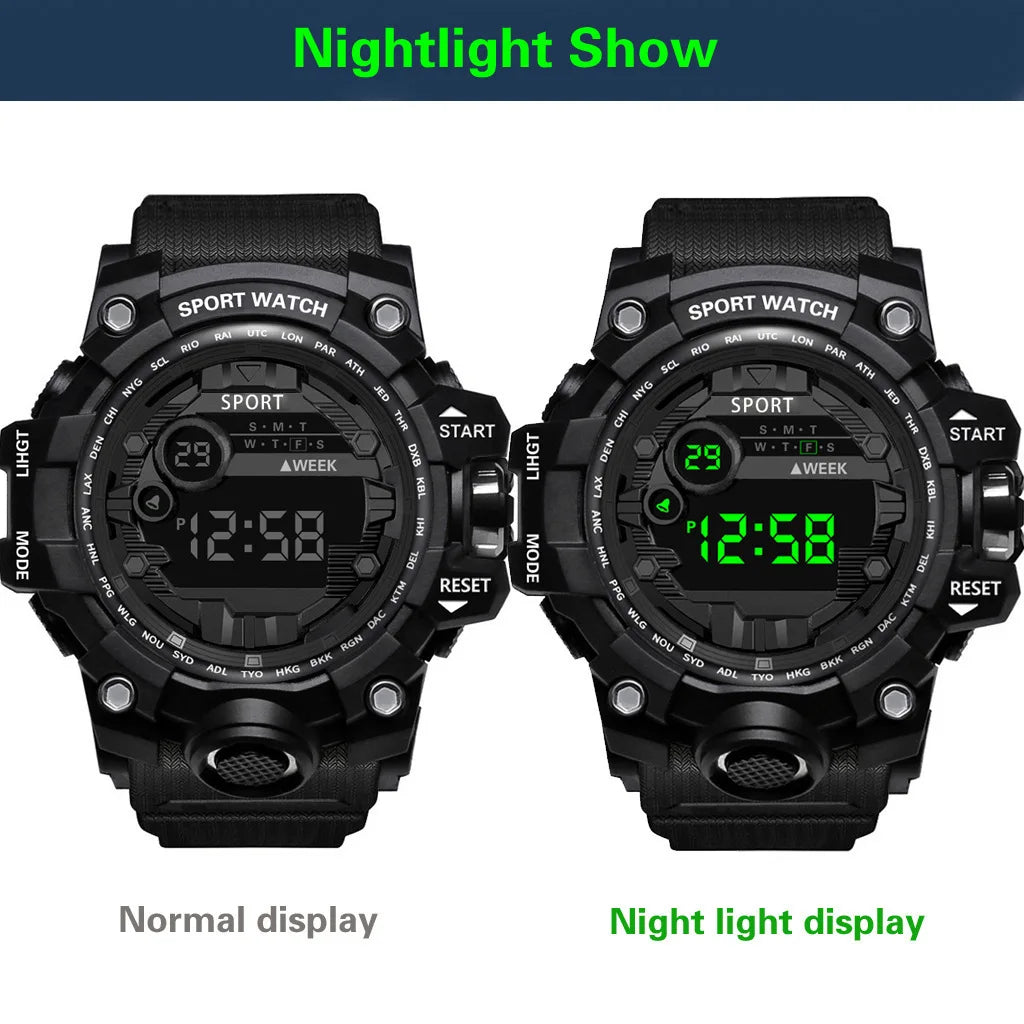 Reloj de pulsera electrónico deportivo de moda para hombre, reloj militar para niños con esfera grande multifuncional, impermeable y luminoso con alarma