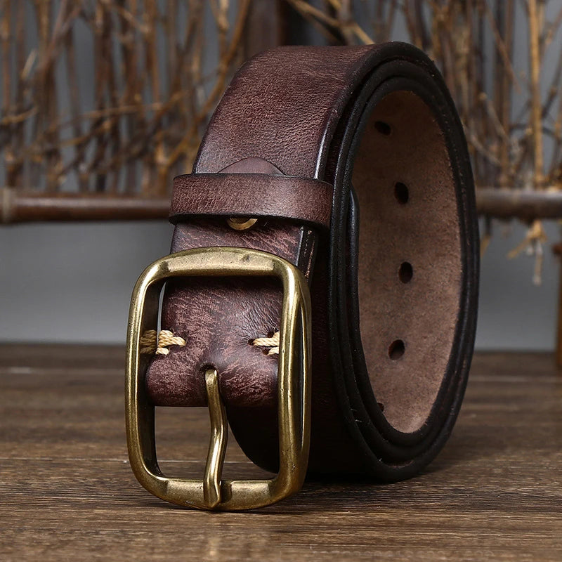Cinturón de cuero vacuno auténtico de 3,8 cm de grosor con hebilla de cobre para hombre, estilo casual, retro, de alta calidad y lujo.