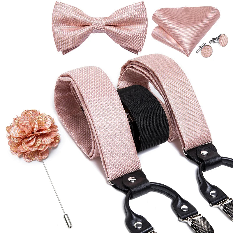 Luxury White Men's Suspenders Adjustable 6 Clips Braces DiBanGu Leather Metal Pre-Tied Bow Tie Brooch Pocket Square Set