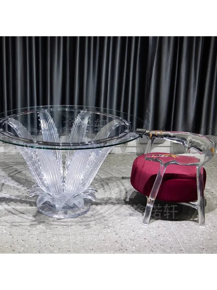 Mesa de comedor de resina transparente de alta calidad, mesa de centro tipo pétalo, mesa redonda de cristal
