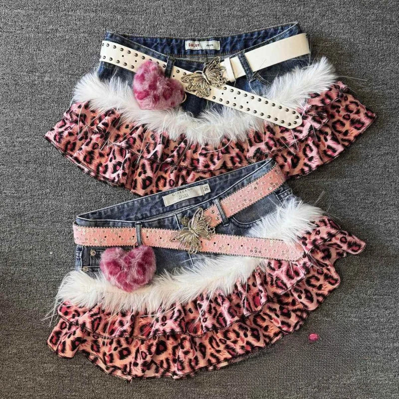 Leopard Patchwork Denim Mini Skirt High Rise Slim Fit for Women