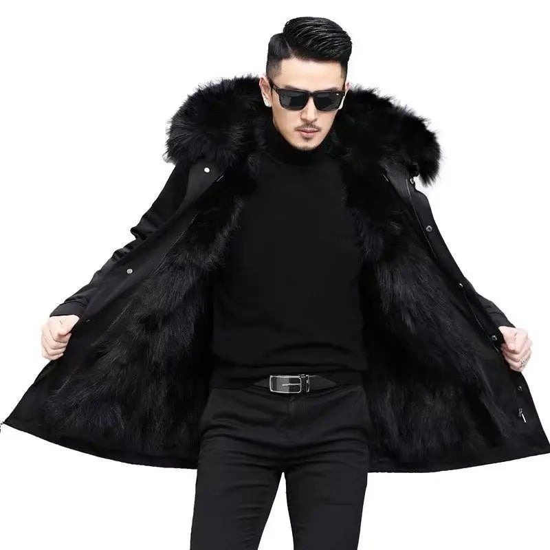 Parka de invierno para hombre, abrigo cálido con forro de lana, chaqueta larga con capucha y cuello de piel de mapache de alta calidad