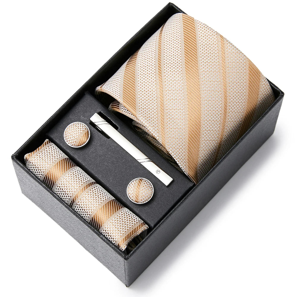 2023 Mode 7,5 cm breite Krawatten-Sets, schwarze Herren-Krawatte, Einstecktuch, Manschettenknöpfe, Krawattenklammer, Box, Hochzeitsgeschenk, handgefertigte Krawatte, Arbeitskleidung