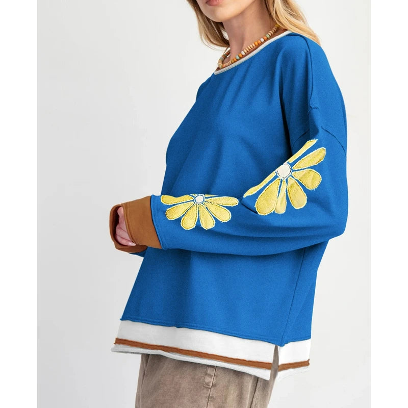 Combhasaki Women Cute Floral Embroidery Sweatshirt Teen Girls Y2K Colorful Layered Hem Oversized Loose Fit Preppy Pullover Tops