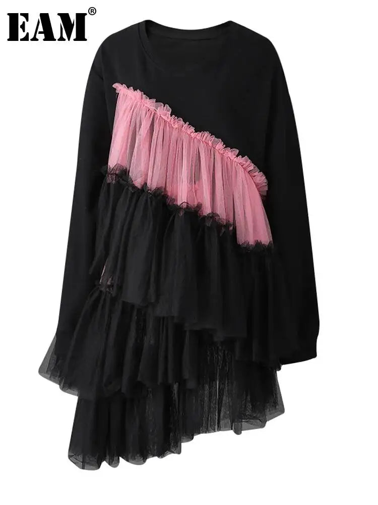 Women Balck Mesh Ruffles Irregular Big Size Mini Dress New Round Neck Long Sleeve Fashion Tide Spring Autumn 2026 CPG3045
