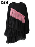 Women Balck Mesh Ruffles Irregular Big Size Mini Dress New Round Neck Long Sleeve Fashion Tide Spring Autumn 2026 CPG3045