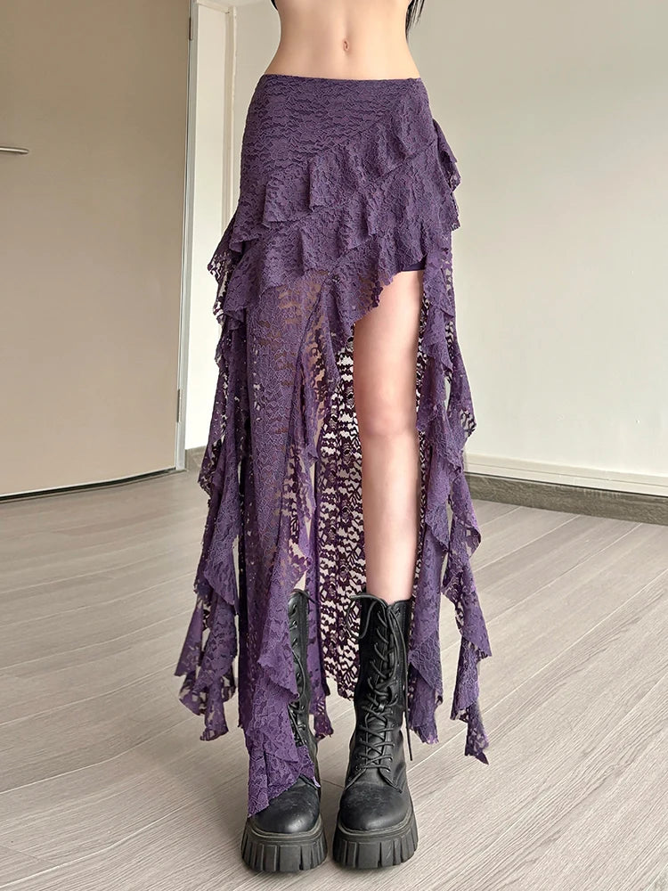 Weird Puss Women's Asymmetrical Tassel Skirt with Ruffles