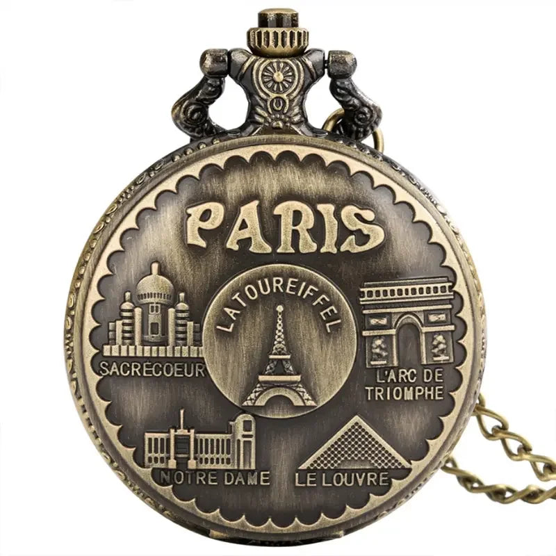 Vintage Paris Eiffel Tower Notre Dame Design Quartz Pocket Watch LE LOUVRE Necklace Pendant Art Souvenir Clock for Men Women