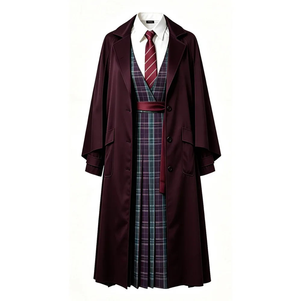 Hermione Granger Wizard Uniform Set with Purple Coat and Plaid Dress