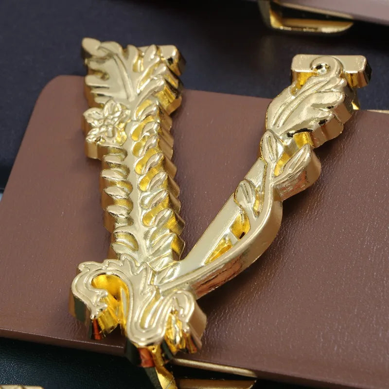 Cinturón de 6,5 cm de ancho para mujer, metálico dorado, con decoración grande en forma de V de piel de vaca, versátil, a la moda, para oficina, vestido, chaqueta y vaqueros