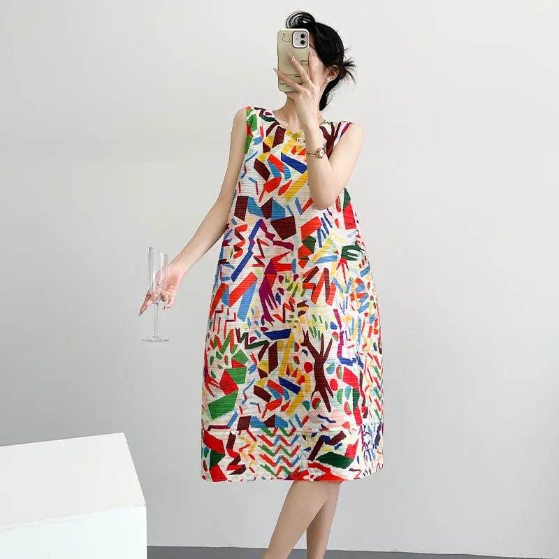 2026 Summer Retro Print Design Flared Dress Women Loose Fit Plus Size Fashion Elegant Sleeveless Dress Travel Vacation Wear