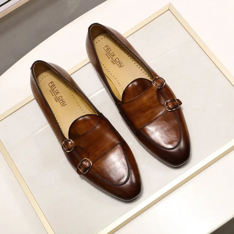 Mocasines de piel auténtica para hombre FELIX CHU, zapatos de vestir casuales hechos a mano con hebilla de monje para bodas, fiestas, verano y otoño