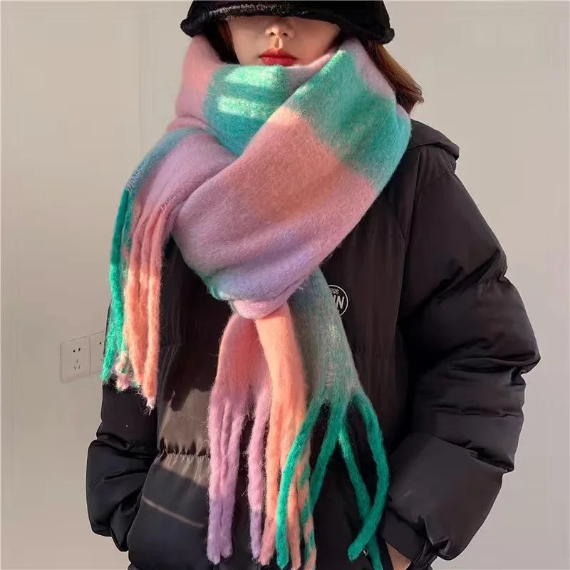 2026 Winter Thick Warm Scarf Women Cashmere Shawl and Wraps Pashmina Neckerchief Bufanda Female Rainbow Hairy Tessel Echarpe New