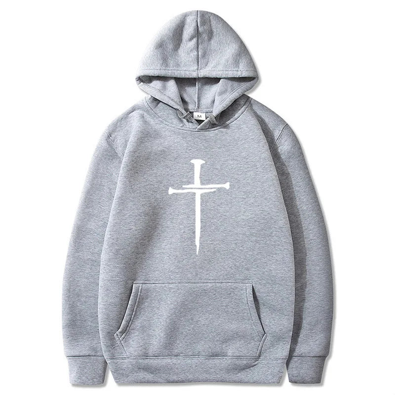 Men's Cross Graphic Hoodie - Black Casual Pullover Sweatshirt With Religious Symbol Print, Fashion Streetwear for Autumn/Winter