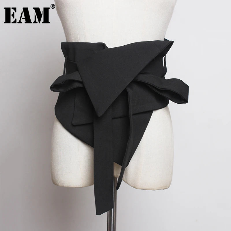 [EAM] Schwarzer asymmetrischer Stoffgürtel mit Schleife und Bandage, breiter Gürtel, Persönlichkeit, Damen, neue Mode, Trend, All-Match, Frühling/Herbst 2026 1A778
