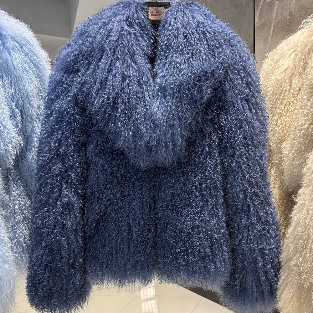 YOLOAgain Women's Real Mongolia Sheep Fur Jacket Dark Brown Sheep Fur Jacket