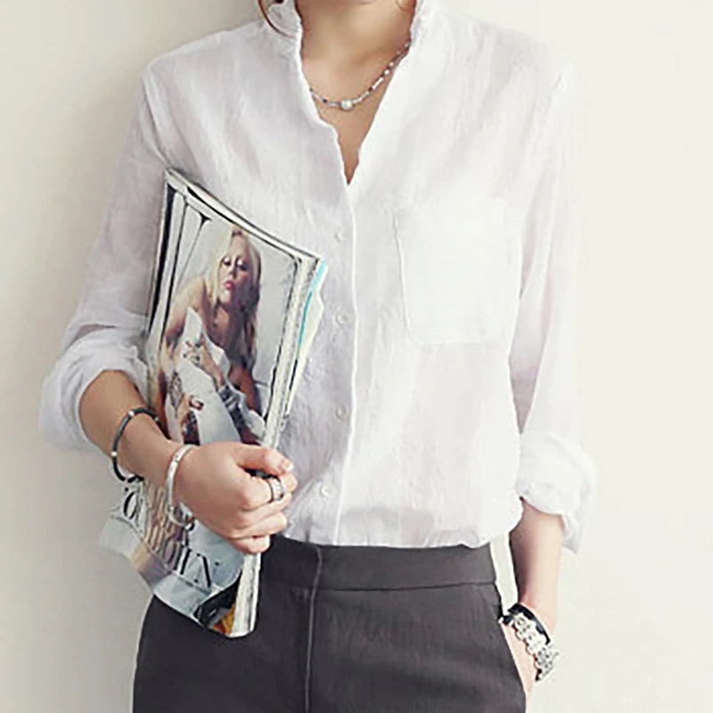 Chemisier décontracté pour femme, style coréen, automne 2022, en coton et lin, coupe ample et légère, manches longues, vintage, couleur unie