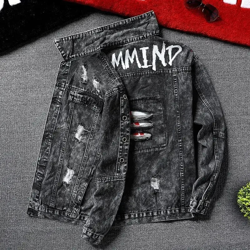 Jeans Coat for Men Hip Hop With Print Ripped Button Black Hole Denim Jackets Man Size L Large Lxury Worn Cowgirl Fast Delvery G
