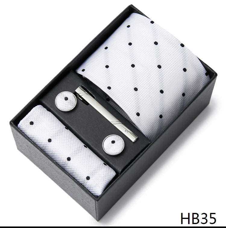 2023 Mode 7,5 cm breite Krawatten-Sets, schwarze Herren-Krawatte, Einstecktuch, Manschettenknöpfe, Krawattenklammer, Box, Hochzeitsgeschenk, handgefertigte Krawatte, Arbeitskleidung