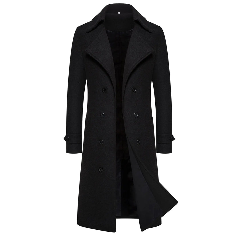 Abrigos largos de lana para hombre, moda de primavera, gabardinas cruzadas, rompevientos de otoño con cuello vuelto, ajuste entallado, ropa de abrigo masculina