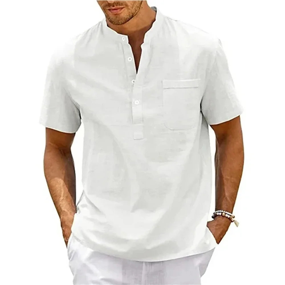 Cotton Linen Shirt Men Henley Neck Pocket Casual Beach Short Sleeve Solid Color Male Tops T-Shirts Vintage Streetwear