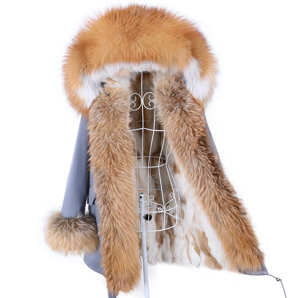 MAOMAOKONG 2026 Removable Real Fox Fur Collar Coats Woman Winter Jacket Hooded Rabbit Fur Lining Long Parkas Female Clothes