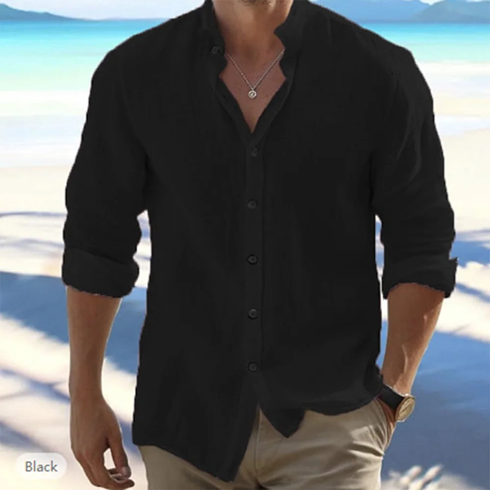 Bomullslinne Rea Herrskjortor med lång ärm Sommar Enfärgad ståkrage Ledig strandstil Plus size