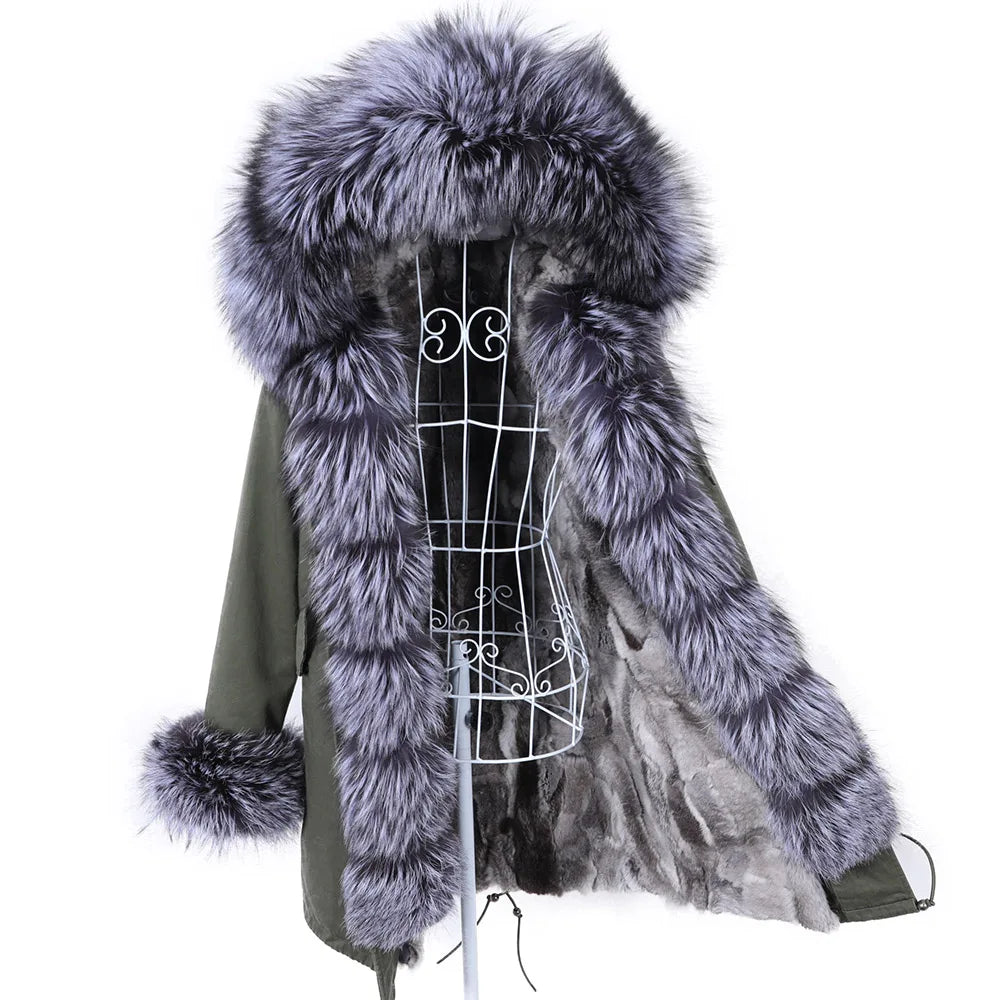 MAOMAOKONG 2026 Removable Real Fox Fur Collar Coats Woman Winter Jacket Hooded Rabbit Fur Lining Long Parkas Female Clothes