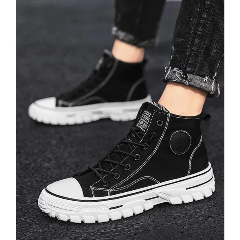 Herr sneakers med hög skaft 2025 nya canvasskor mode herr sneakers med hög skaft vardagliga skateboard vulkaniserade skor märkeskomfort sneakers