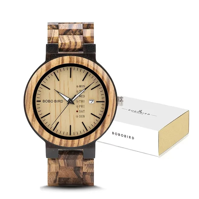 BOBO BIRD Wooden Men Watch Fashion Business Week and Date Display Quartz Timepiece Customize Logo Great Gift Relogio Masculino