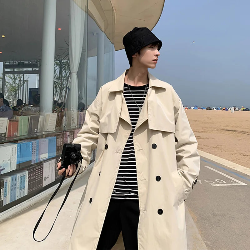 Korean Style Spring Trench Coat Male Streetwear Windbreaker Trenchcoat Men Solid Business Casual Loose Long Overcoat