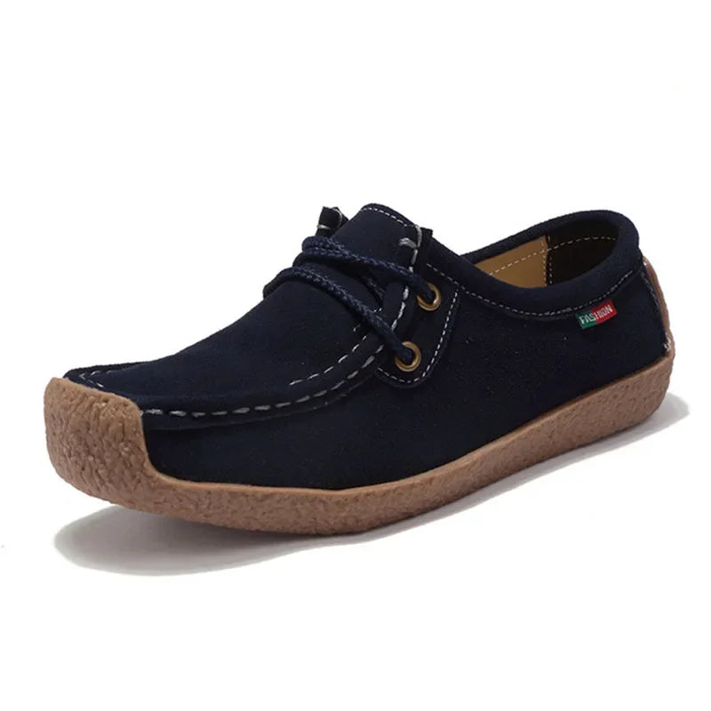BEYARNE Brand Women Genuine Leather Flat Shoes Lace Up Sneakers Autumn Oxford Shoes Female Loafers Casual Suede Flats Stitching