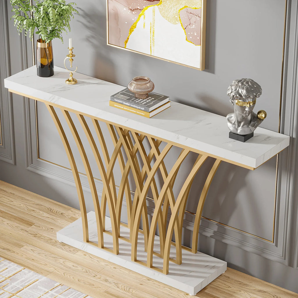 Tribesigns 59 Inch Gold Console Table with Metal Grid Base