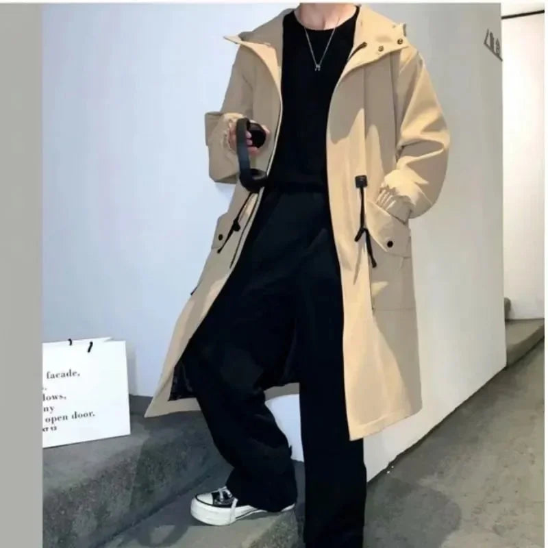 Våren och hösten 2025 armégrön vindjacka mode för män medellång ledig huvjacka herr vardaglig streetwear överrock herrkläder