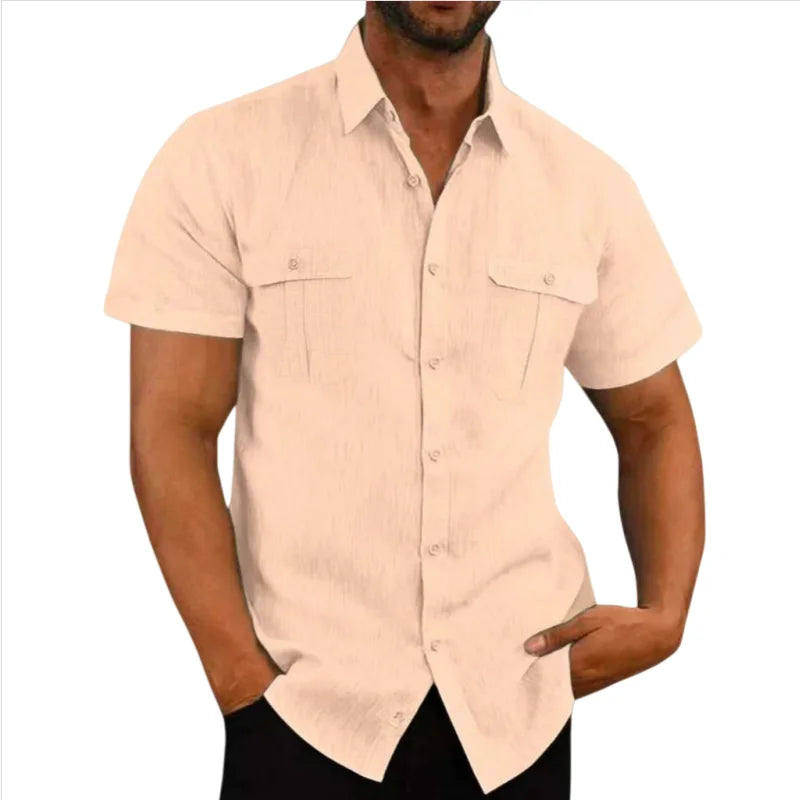 Herrskjortor i linne på rea – kortärmade, enfärgade sommarskjortor med bekväm krage i ledig strandstil, stora storlekar M–4XL