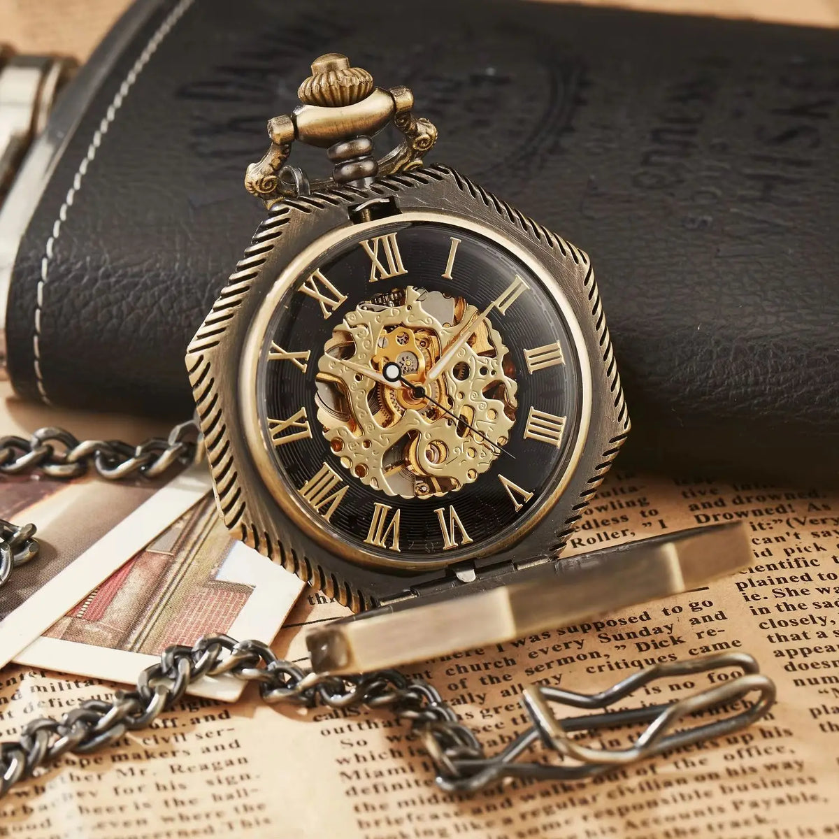 Classic Hexagonal Mechanical Pocket Watch FOB Chain Steampunk Roman Dial Skeleton Gold Hollow Steel Men's Pocket Watch