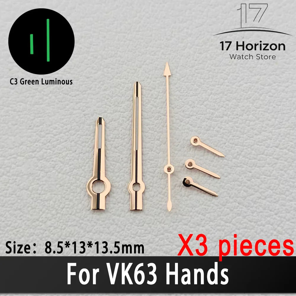Agujas VK63 de alta calidad, manecillas de carreras para reloj VK63, manecillas de reloj con luminiscencia verde C3, piezas de relojes para hombre con movimiento de cuarzo VK63