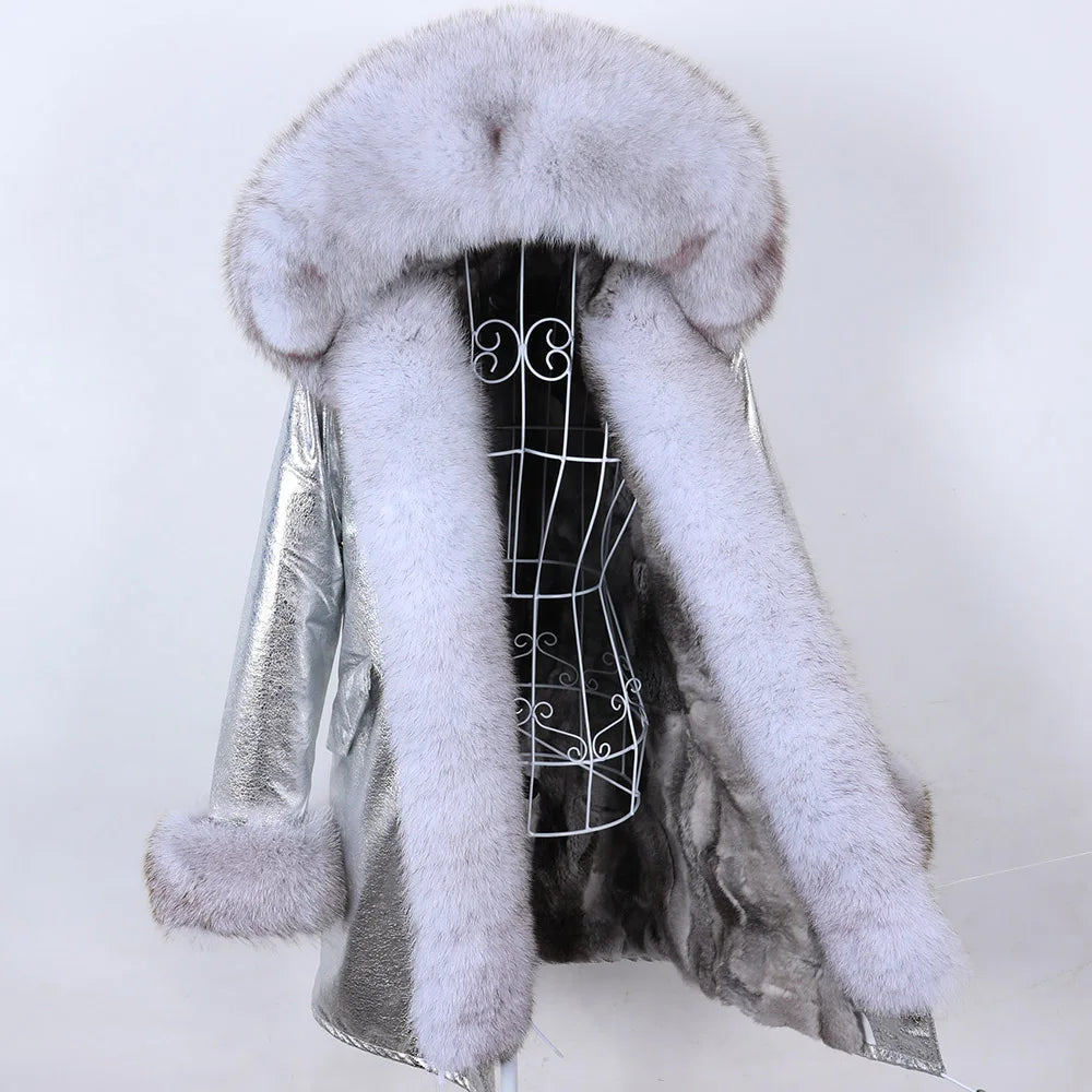 MAOMAOKONG 2026 Removable Real Fox Fur Collar Coats Woman Winter Jacket Hooded Rabbit Fur Lining Long Parkas Female Clothes
