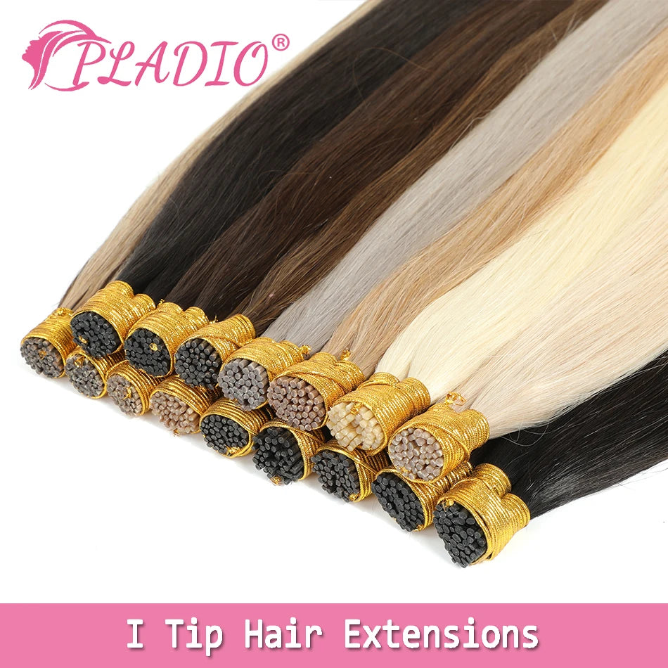 PLADIO Straight I Tip Hair Extensions Human Natural Hair Extensions Keratin Capsule Original Human Hair 12-26 Inch 50pcs 100pcs