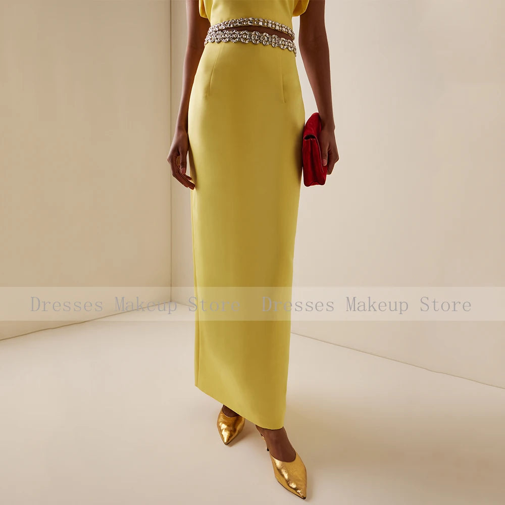 Customized Modern Cocktail Dress Maxi 2 Pieces Crystal O Neck Yellow Prom Gowns for Women Puff Sleeves Column Formal Party Dress