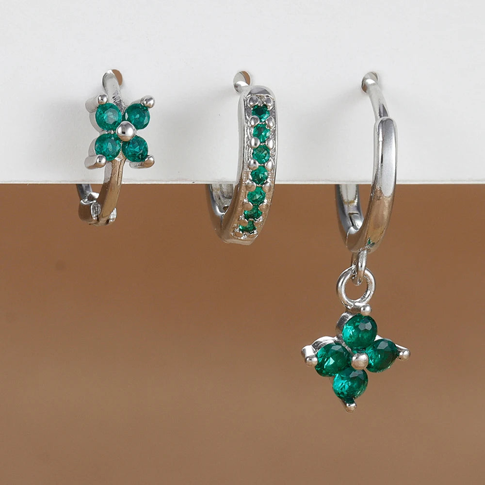 Pendientes de acero inoxidable con forma de flor y circonitas para mujer - Set de 3 piezas