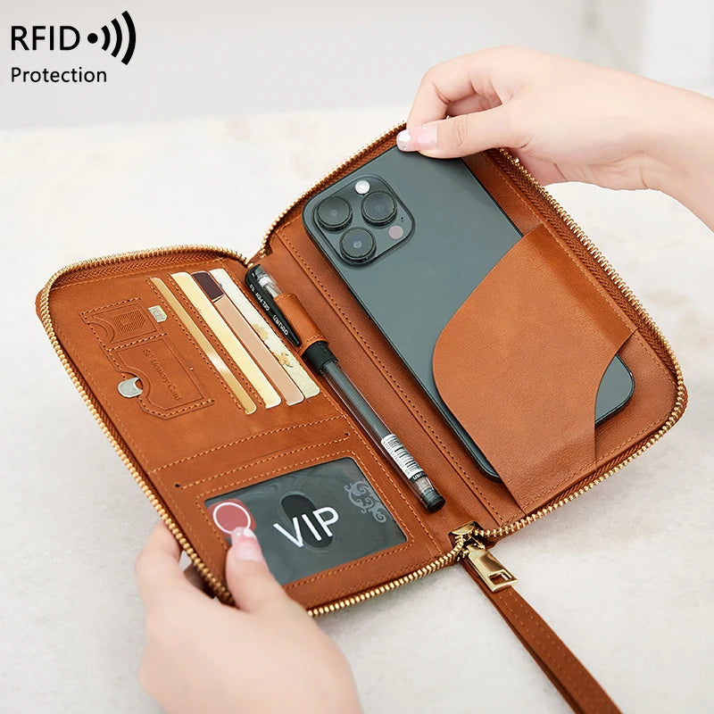 RFID Blocking Passport Holder, Travel Wallet, Ticket, Credit Card Bag, Multifunctional Zipper Wallet With Wrist Strap, Fashion