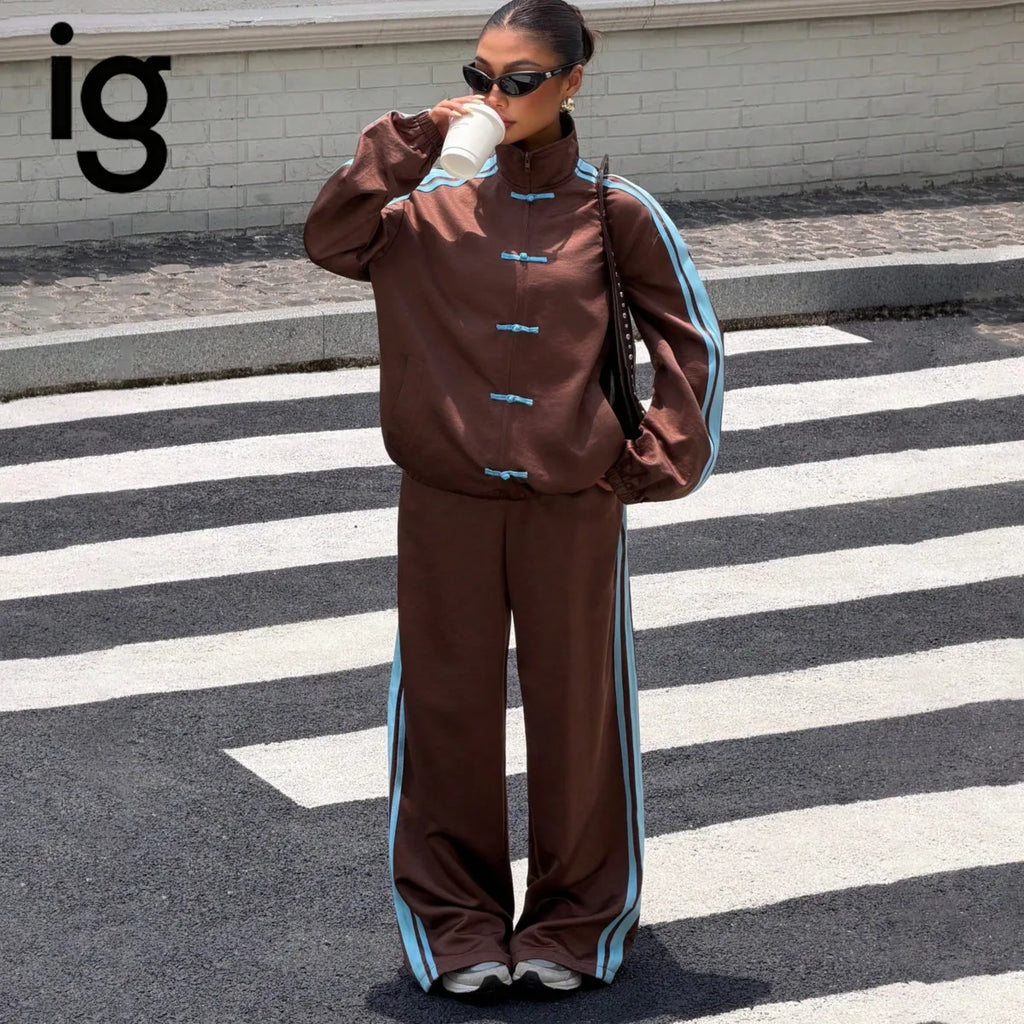Women's Frog Button Tracksuit 2-Piece Polyester Casual Sports Outfit