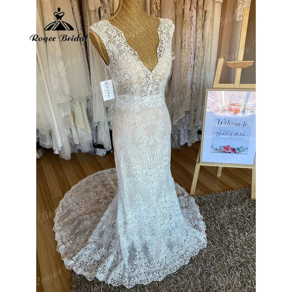 Vintage Boho Lace Behemian Mermaid Wedding Dress Robe Civil Country Bridal Gowns Sexy Backless Robe Mariage Femme Customized